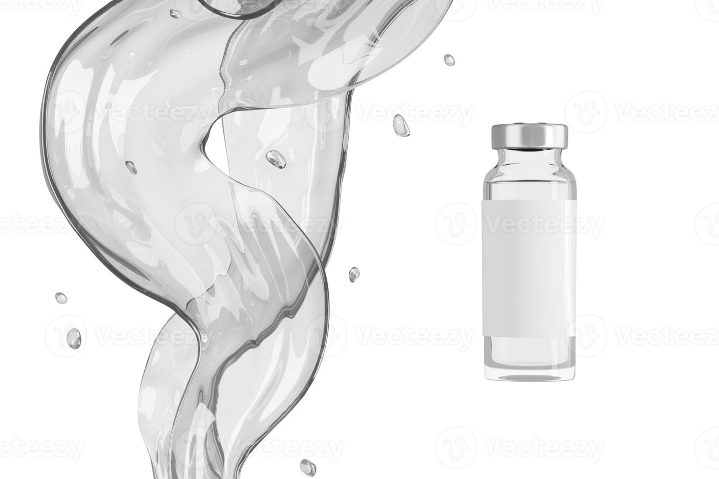 la etiqueta blanca de la botella de suero y la salpicadura de líquido transparente sobre fondo blanco. maqueta abstracta para belleza y presentación médica. foto