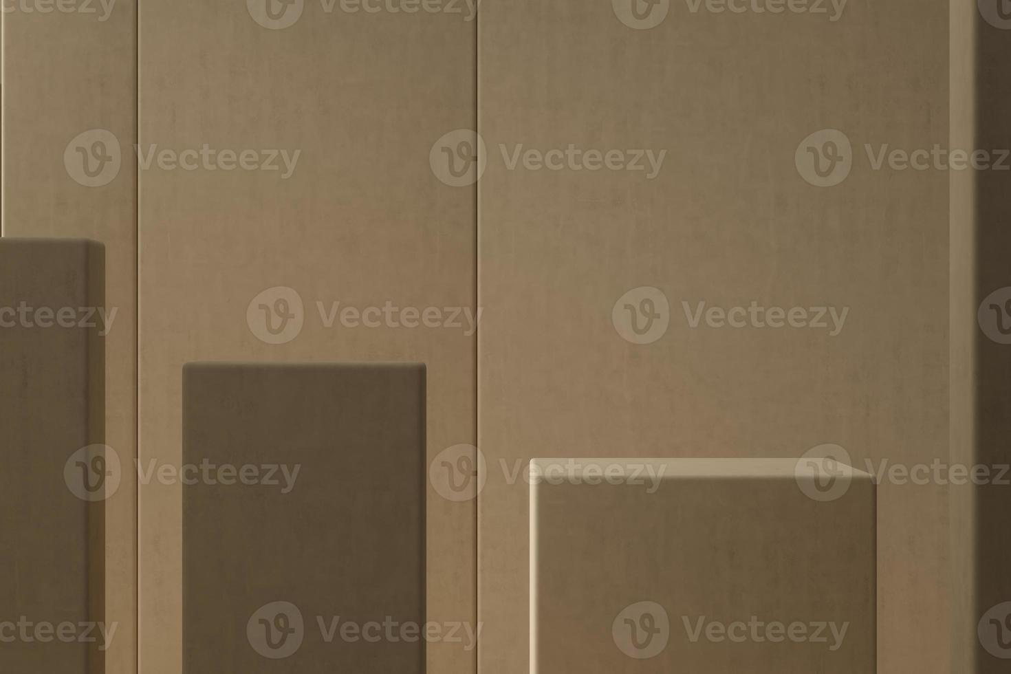 brown podium are arranged in step in front of light brown partition, abstract mockup scene for presentation. photo