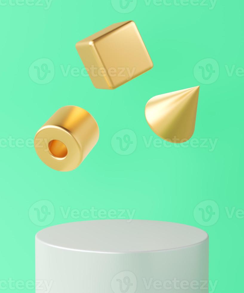 White cylinder base and three floating gold geometric objects on turquoise background, minimalist background for branding and presentation. 3d rendering photo