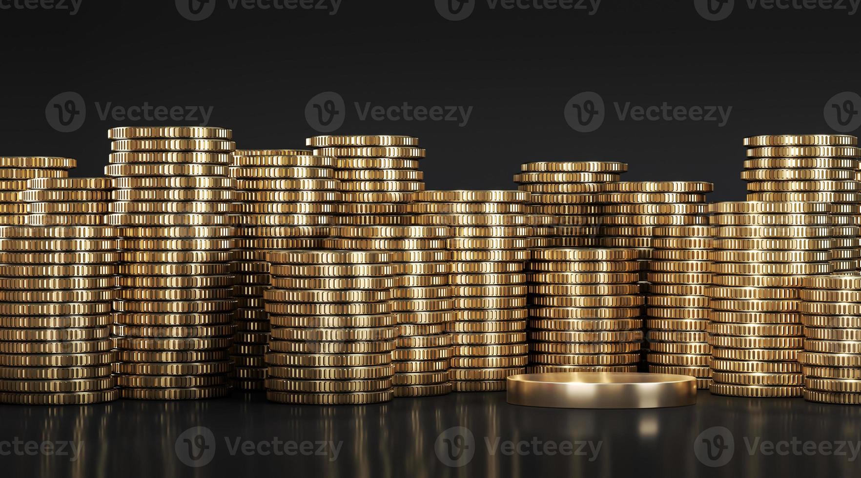 Mockup background for financial presentation, golden platform among golden coins stacked on each other in different positions. 3d rendering photo