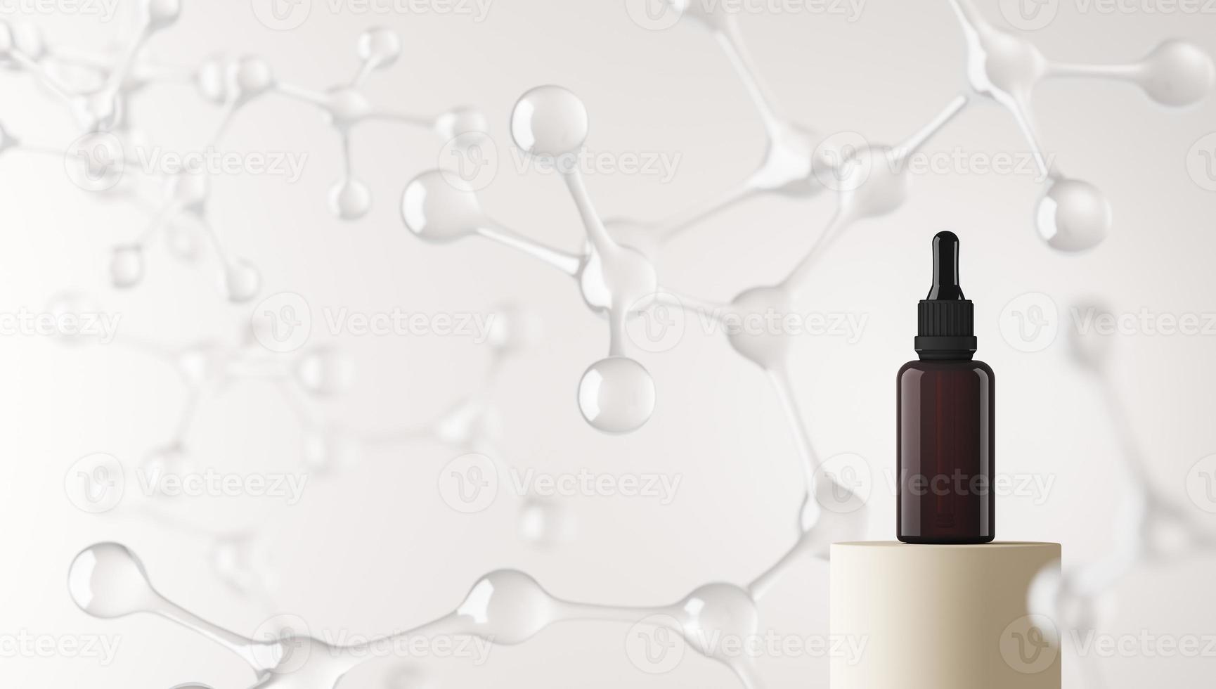 botella cuentagotas de maqueta en la plataforma y fondo de moléculas borrosas, fondo abstracto para presentación cosmética o marca. representación 3d foto