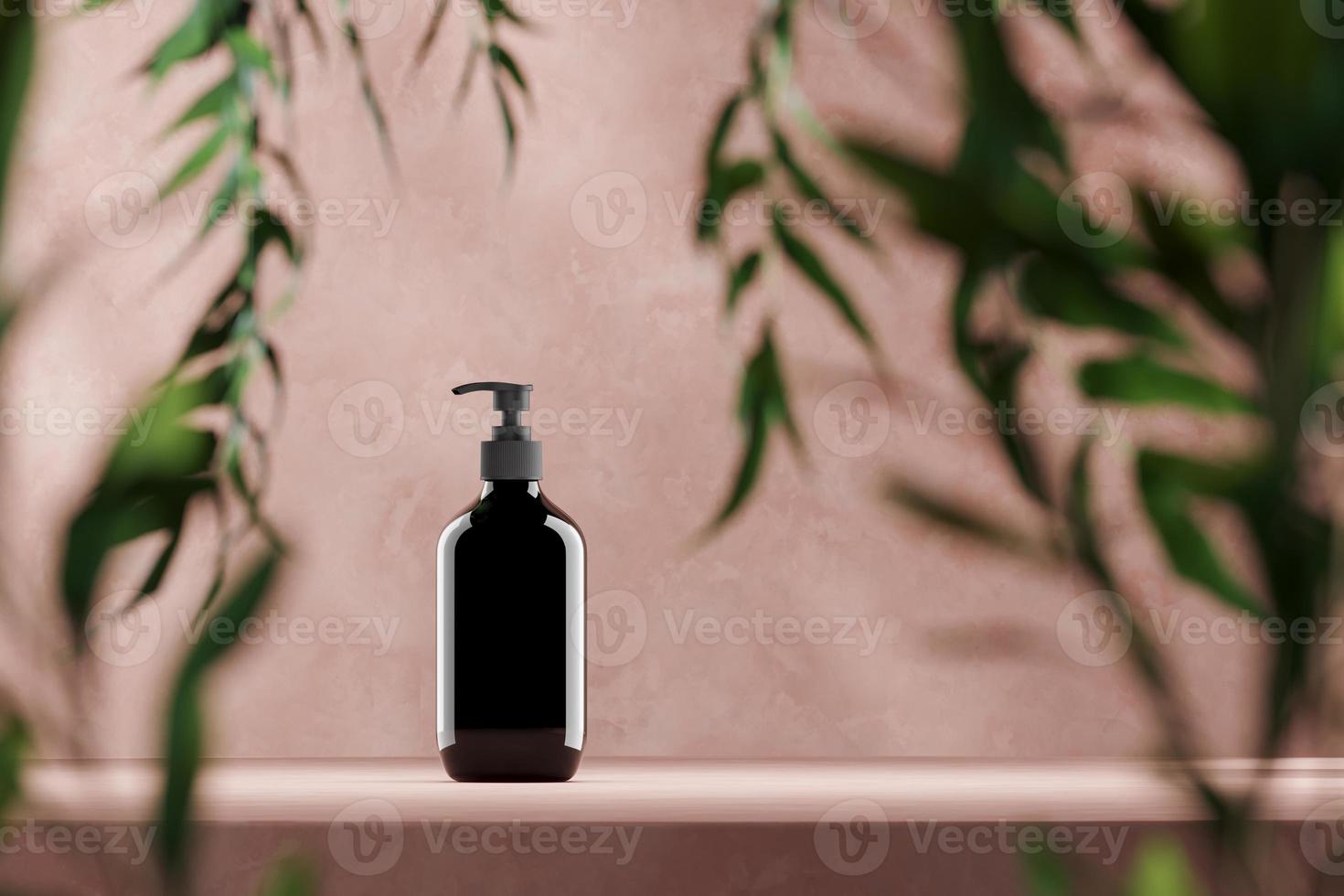 botella de tope de maqueta en plataforma roja, desenfoque de plantas tropicales en primer plano. fondo abstracto para presentaciones cosméticas o anuncios. representación 3d foto