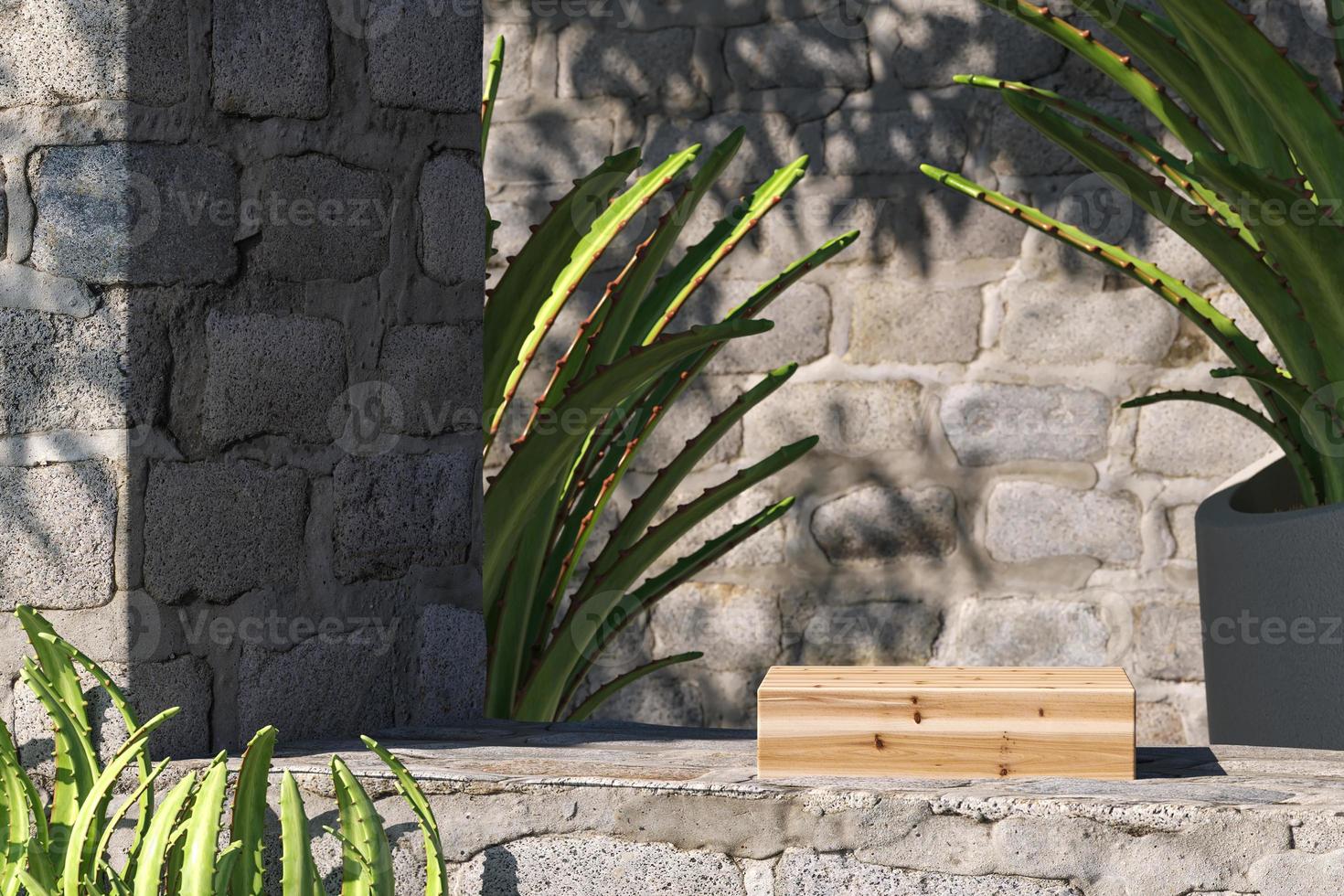 Wooden platform on brick wall, tropical plants foreground and background. abstract background for presentation. 3d rendering photo