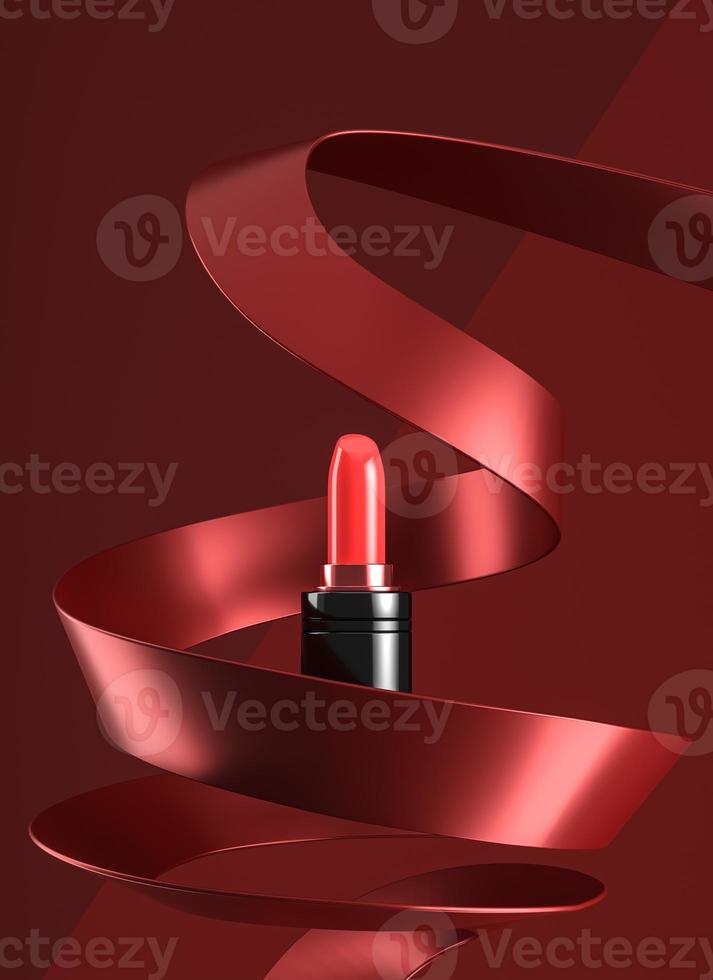 black lipstick red cream texture in the abstract sculpture red sway curve, abstract cosmetic background for ads branding and product presentation. 3d rendering photo