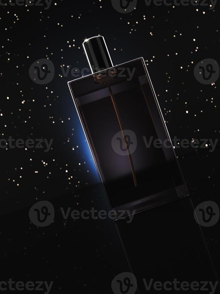 abstract transparent square bottles on a black background with stars, product for present. photo