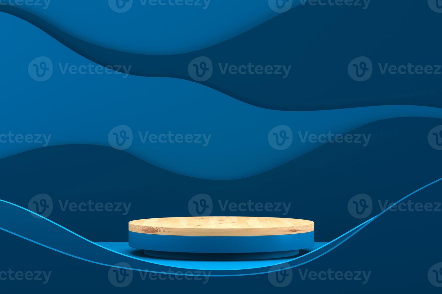 Blue cylinder base and wooden on top in blue wave scene, abstract mockup scene background for branding and product presentation photo
