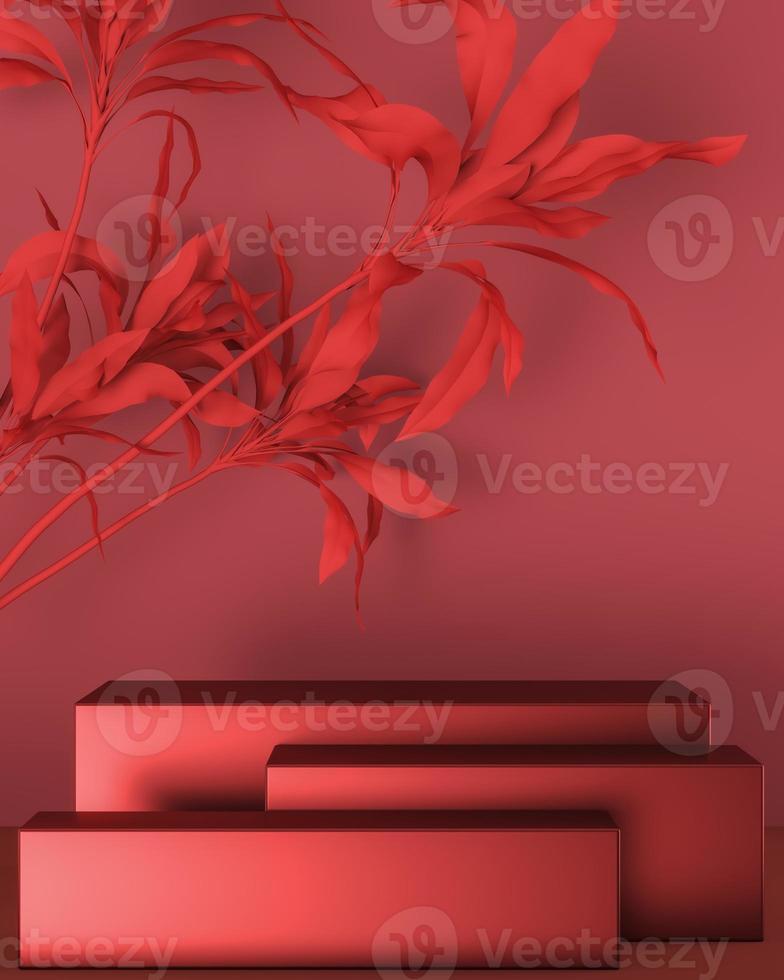 Three shiny red square bases and a red plant above, minimal mockup for ads branding and product presentation. photo