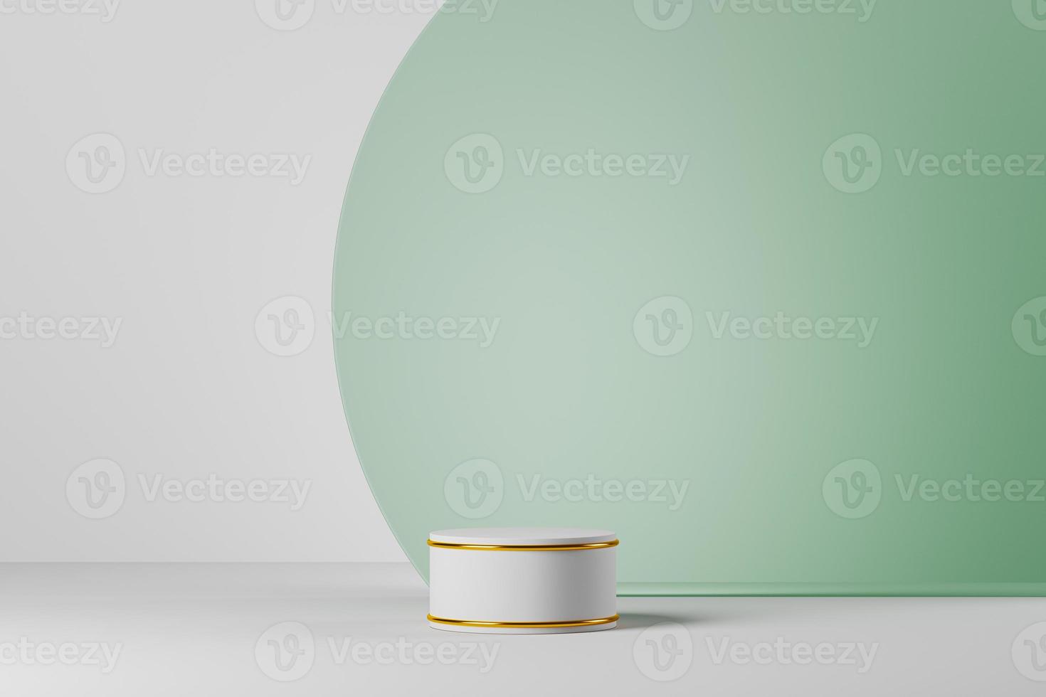 The white podium in front of green circle backdrop in the scene, minimal mockup for for branding and product presentation. photo