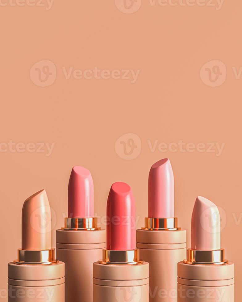 five lipstick random color on cream background, minimal cosmetic background for ads branding and product presentation. 3d rendering photo