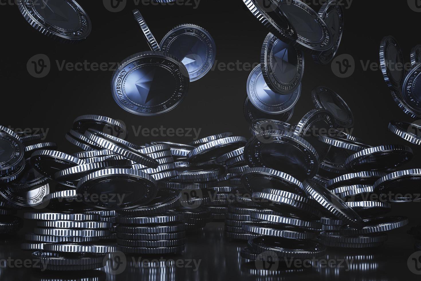 Blue silver Ethereum coins falling from above in the black scene, mockup digital currency coin for financial, token exchange promoting, advertising purpose photo