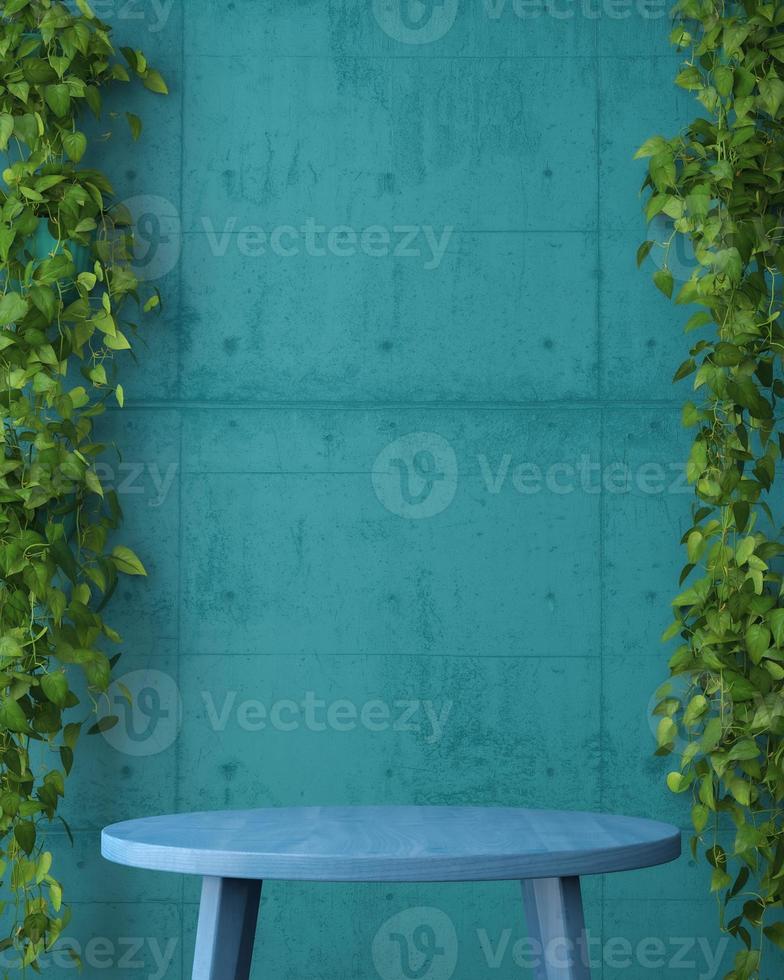 Blue wooden table against blue concrete wall and ivy backdrop, mockup background for presentation. 3d rendering photo