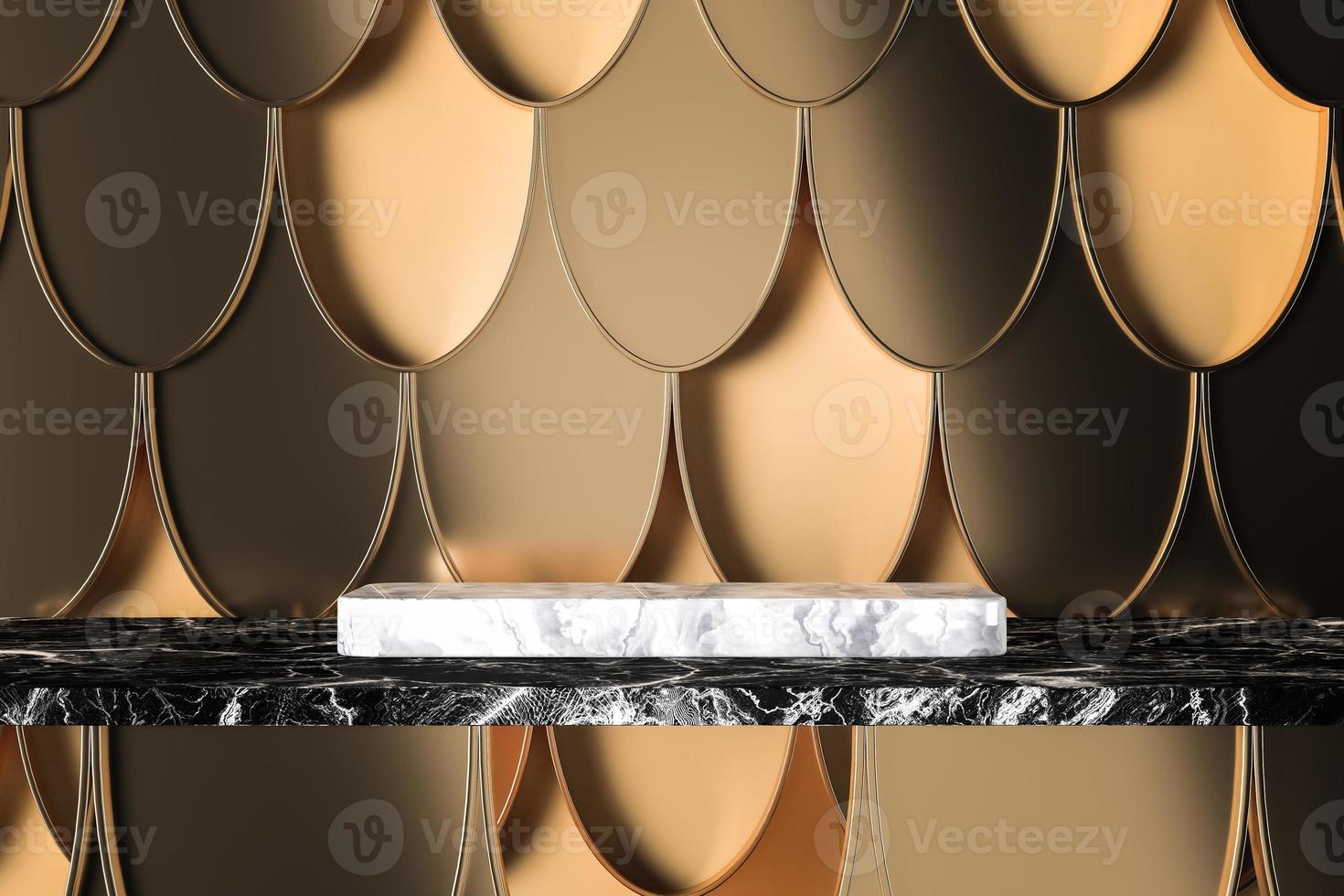 Abstract mockup concept for product presentation, The white marble base on black marble, Golden fish scales artwork on beige background. 3d rendering photo