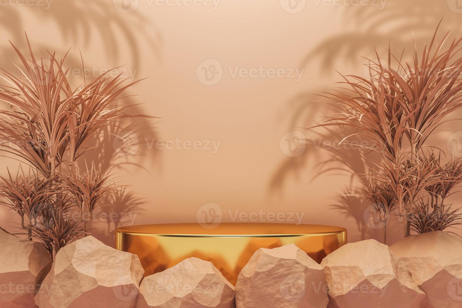Abstract background for cosmetic or jewelry presentation, the golden circle podium among beige tropical plants and stone on beige background. 3d renderin photo