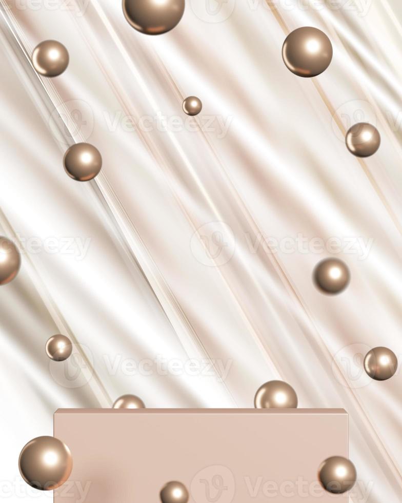Abstract background for product presentation or branding, Beige platforms and metal balls floating in the air, Abstract background gradient reflection, focus on the platform and blur metal balls. photo