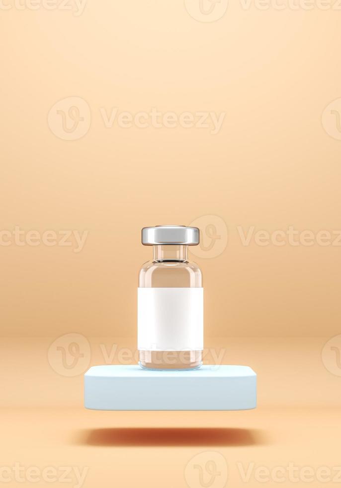 el frasco de la vacuna sobre una plataforma azul flotante sobre fondo beige, fondo minimalista para uso médico. representación 3d foto