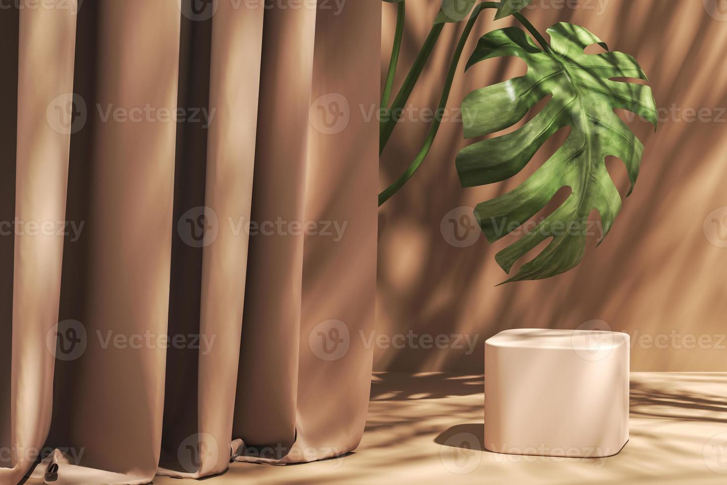 Abstract background for presentation, The platform and Monstera leaves behind the curtain, sunshade of summer. 3d rendering photo