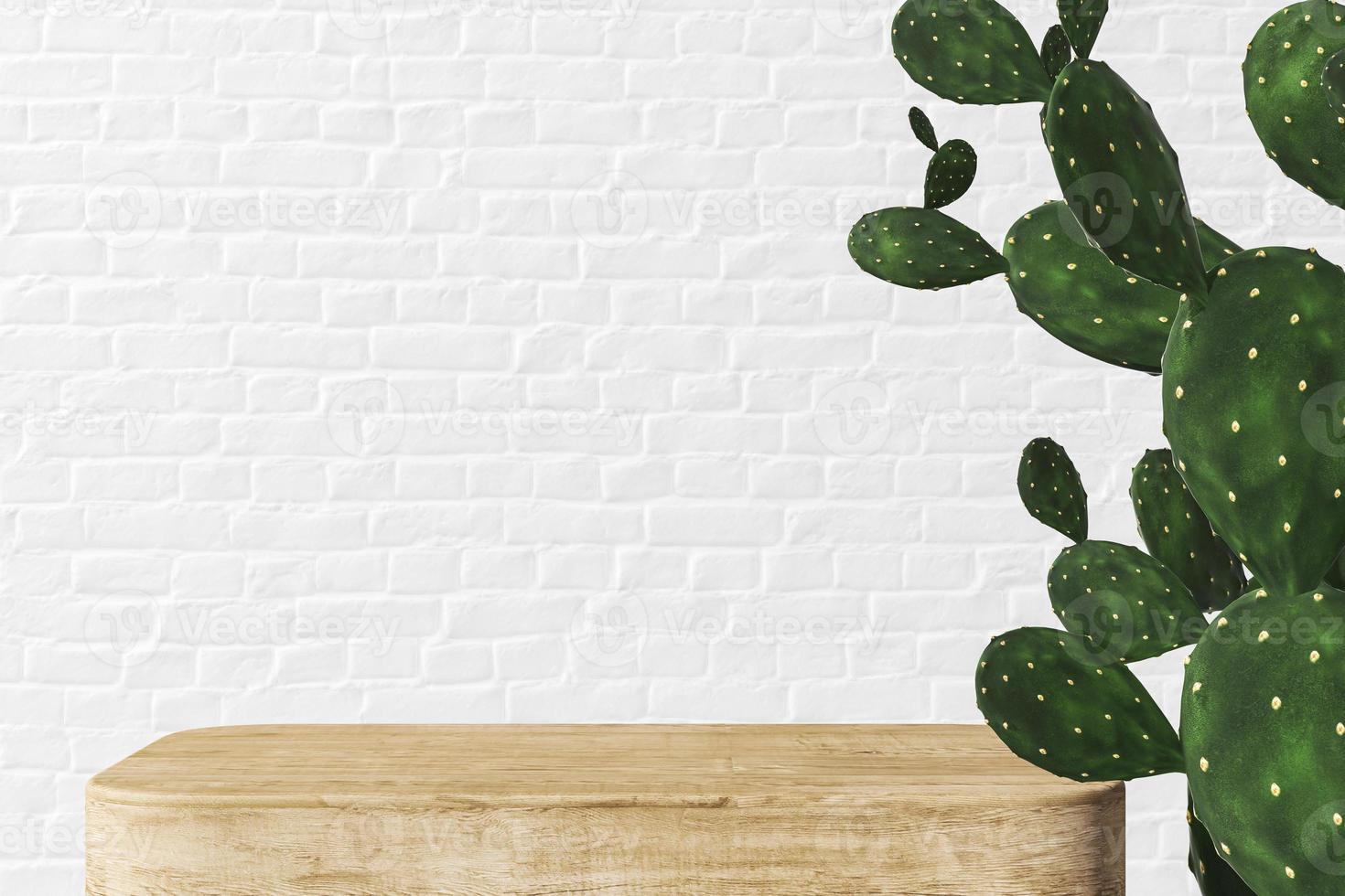 The wooden platform for product presentation, Cactus and white brick wall background. 3d rendering photo