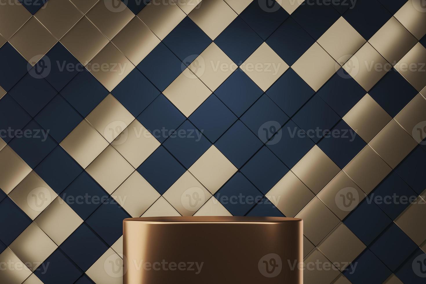 Brown shiny podium on gold and blue pattern background, abstract background for product presentation or ads. 3d rendering photo