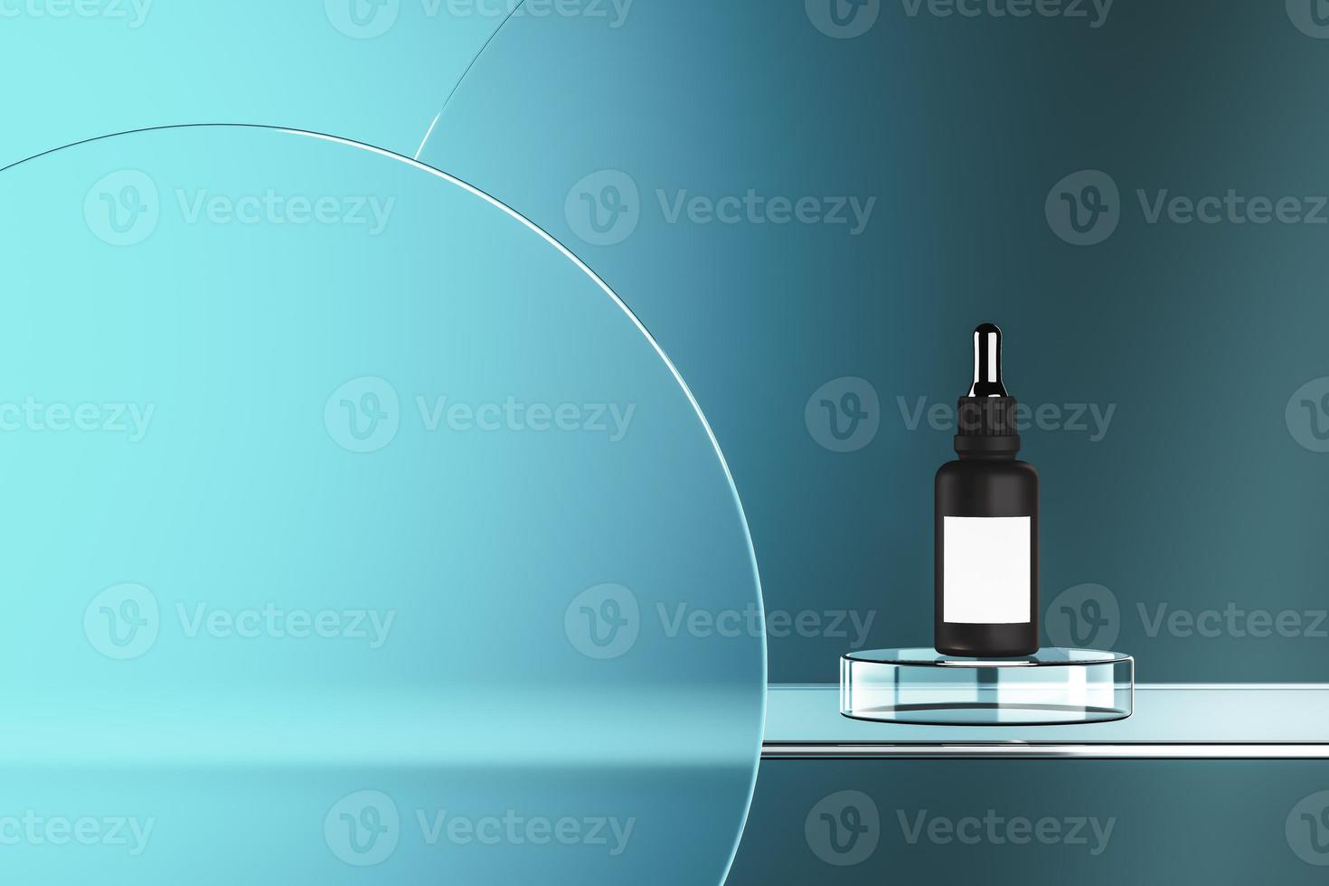 The dropper bottle on glass platform. abstract background for cosmetic presentation or ads. 3d rendering photo