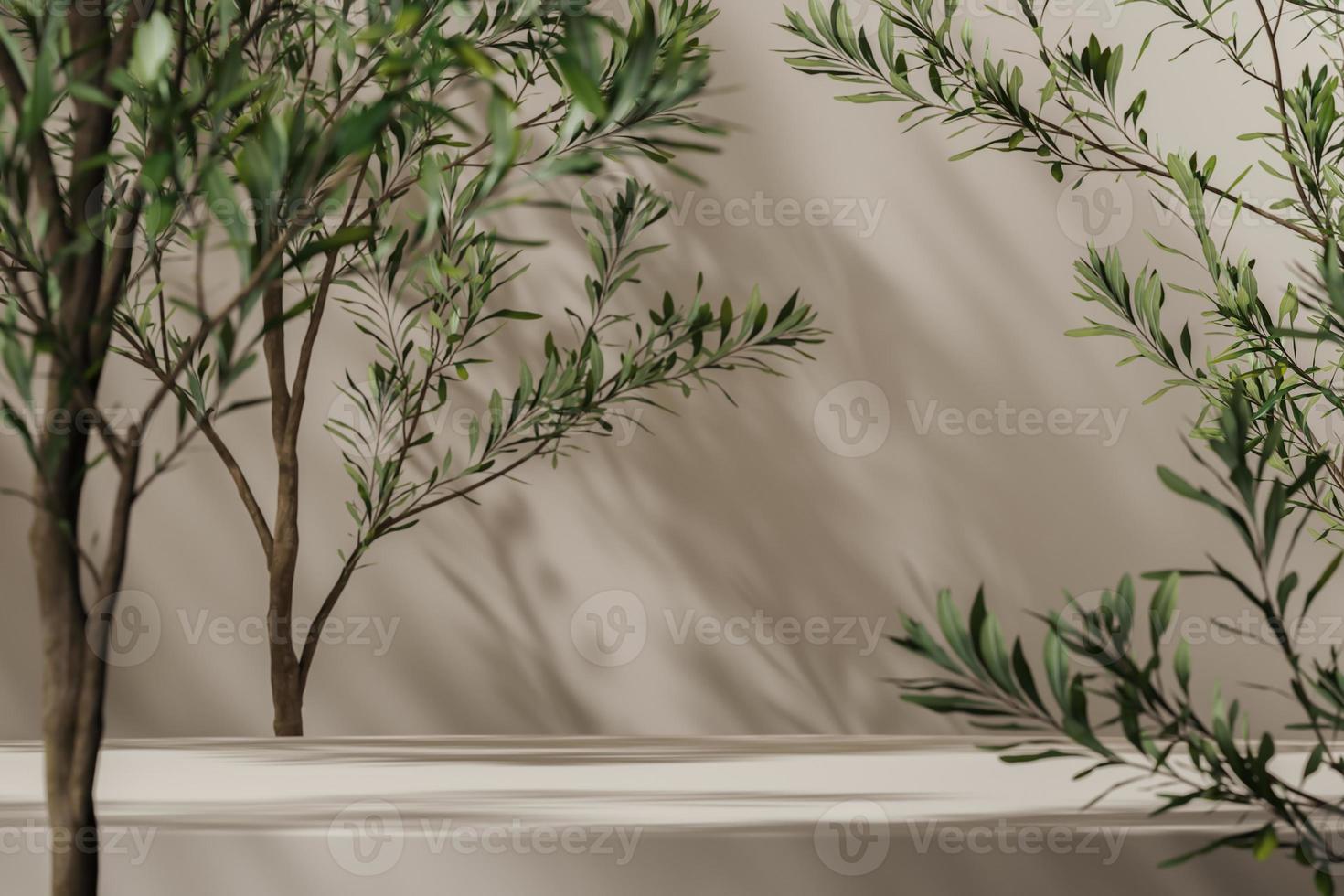 Beige platform on mockup scene, blue plants foreground and plant shade on background, abstract background for product presentation or ads. 3d rendering photo
