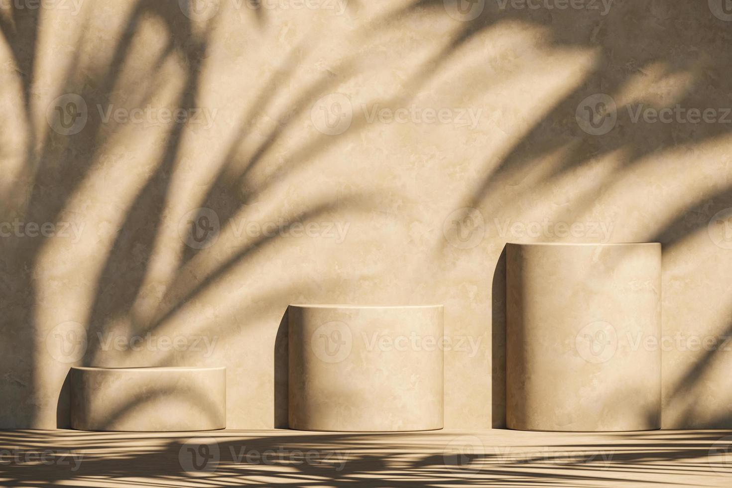 Three beige podium on sunshade and plants shadows on wall, abstract background for product presentation or ads. 3d rendering photo