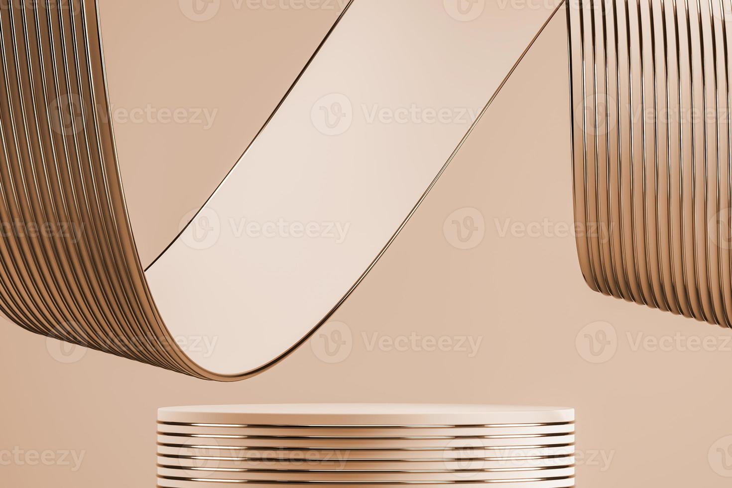 Beige podium on abstract soft background, beige ribbon and gold line texture bending around podium. minimal background for product presentation. 3d rendering photo