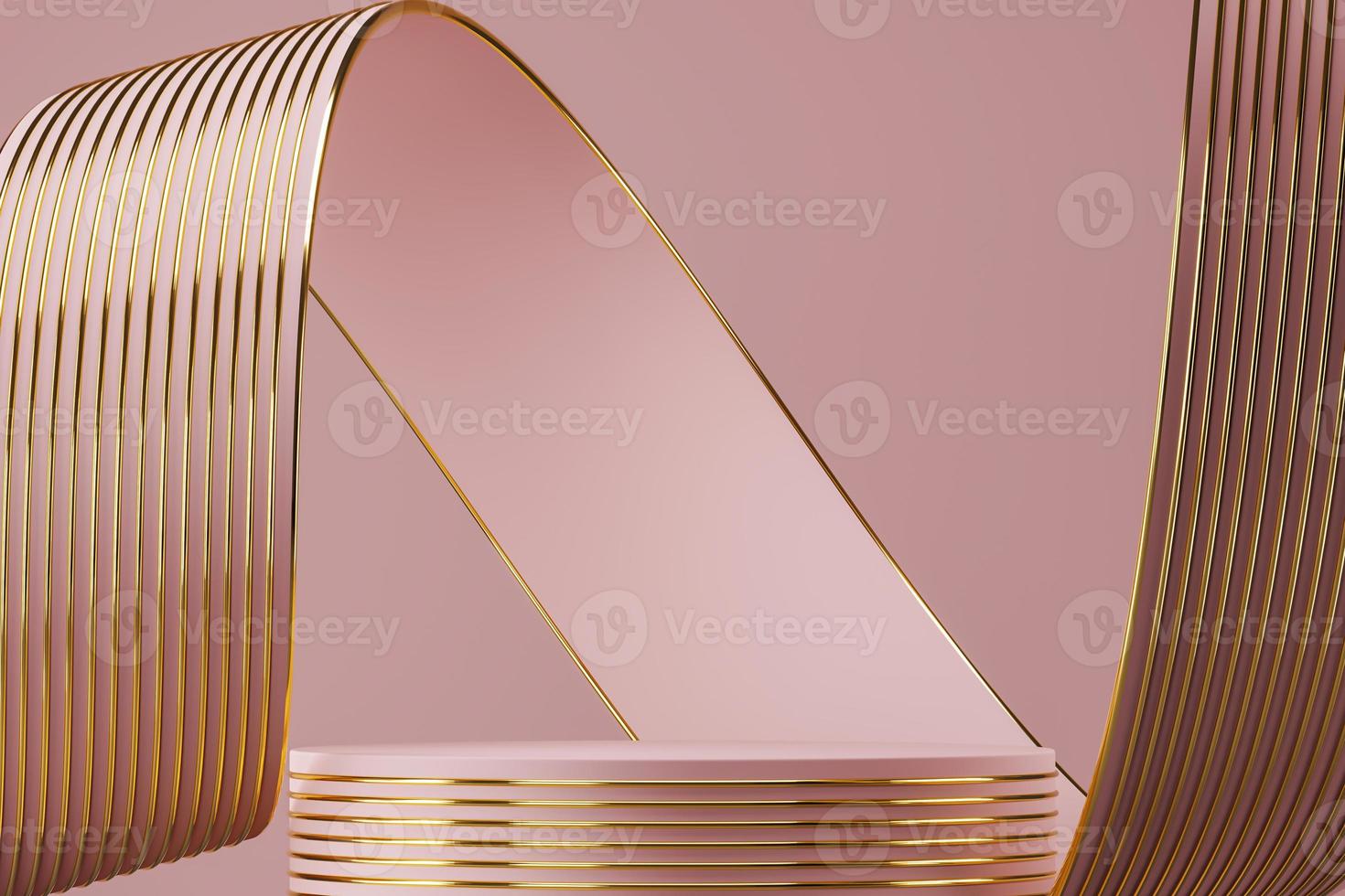 Pink podium on abstract soft background, pink ribbon and gold line texture bending around podium. minimal background for product presentation. 3d rendering photo