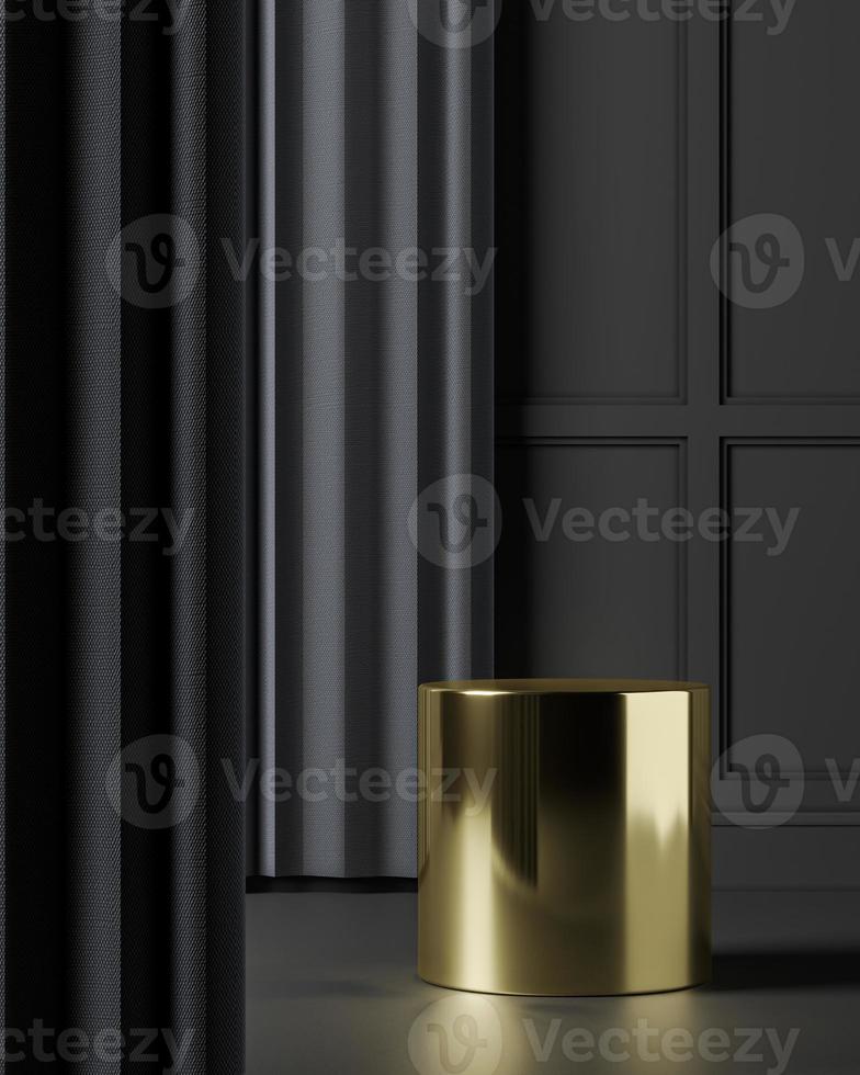Gold podium on black mockup scene, abstract background for product or presentation. 3d rendering photo