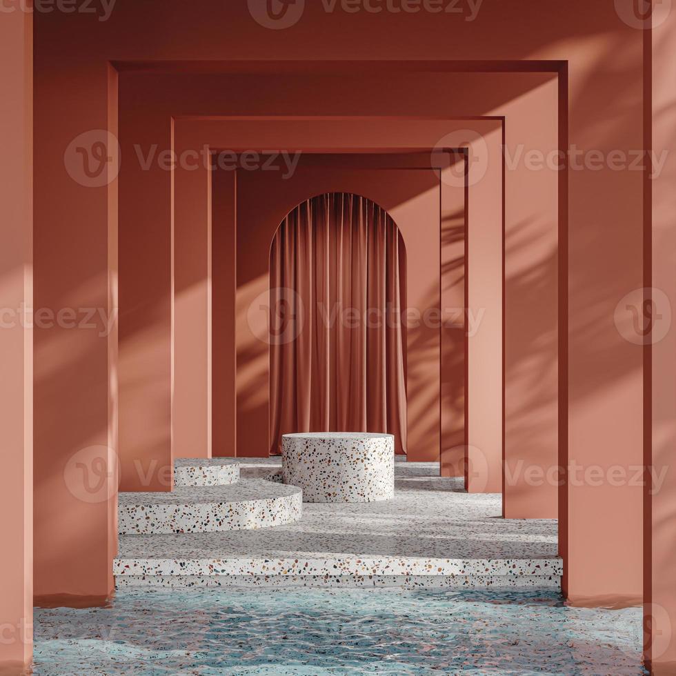 plataforma de terrazo blanco sobre pared roja y fondo de cortina, escena de maqueta para presentación de producto, representación 3d foto