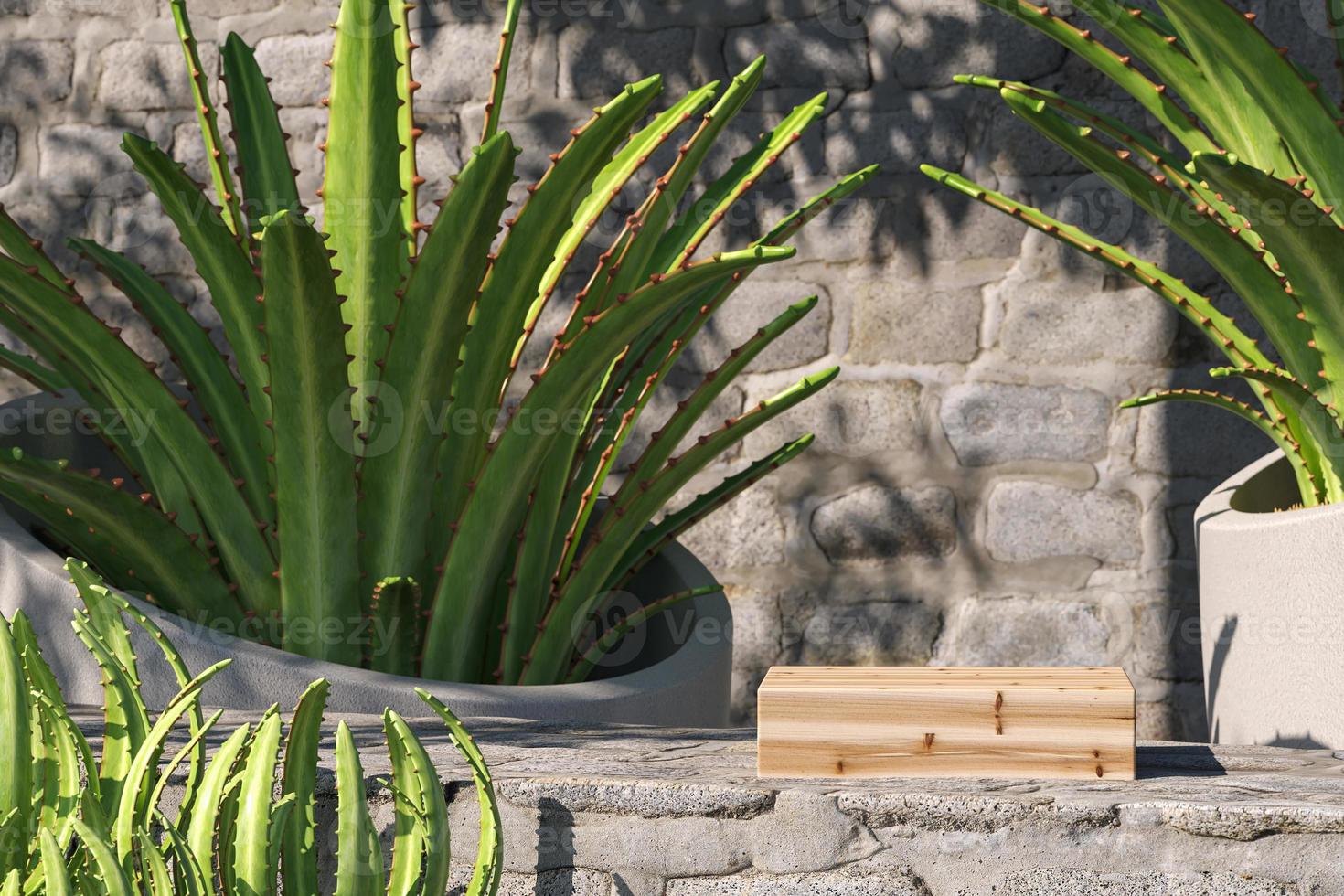 Wooden platform on brick wall, tropical plants foreground and background. abstract background for presentation. 3d rendering photo