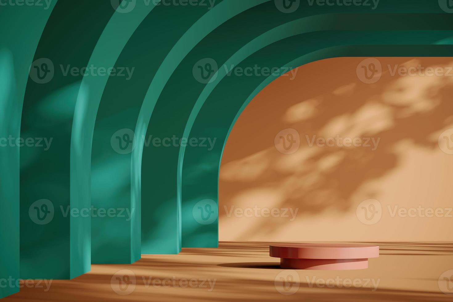 Brown platform on abstract arch background, mockup scene for product presentation, 3d rendering photo
