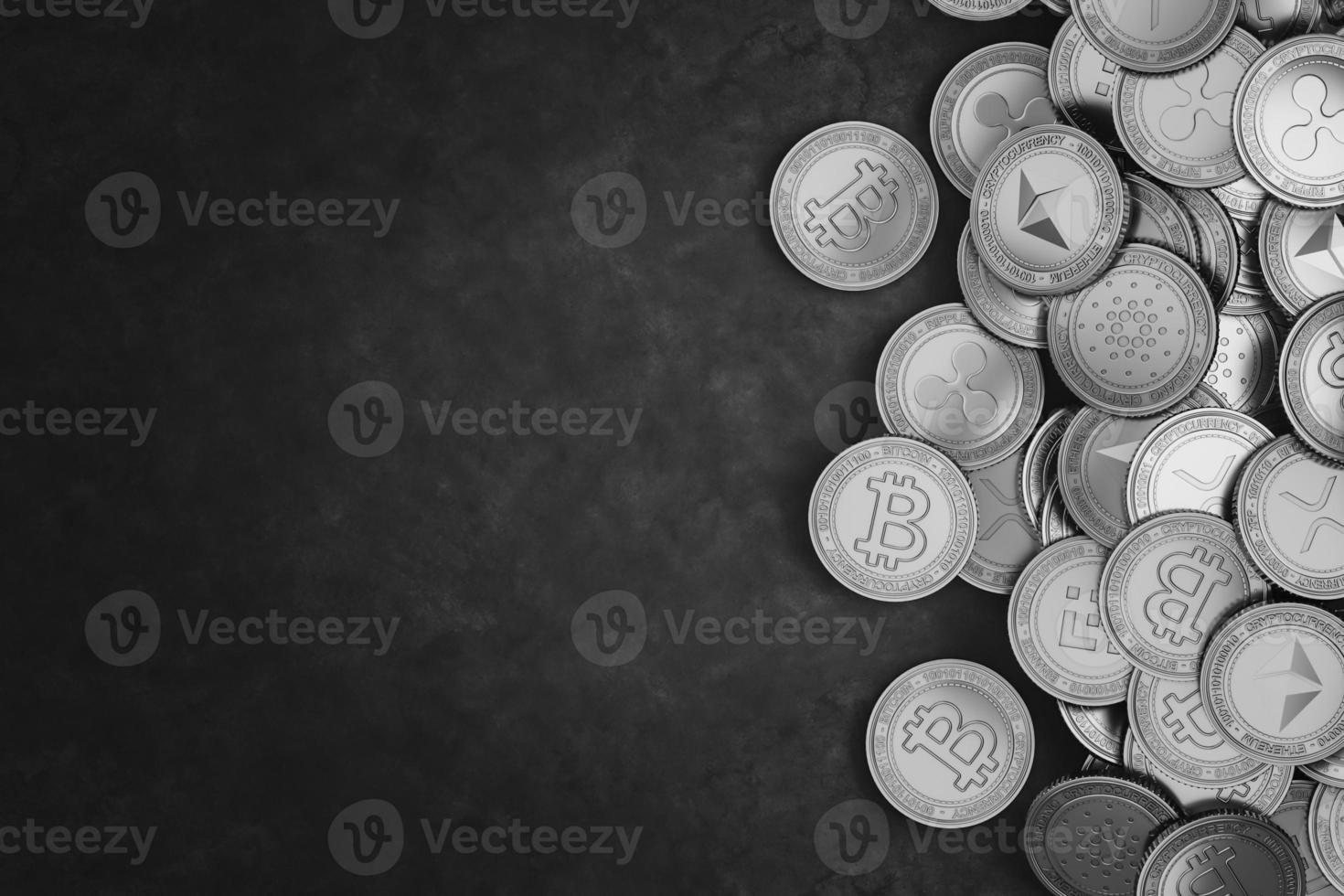 Background banner for cryptocurrency, pile of silver crypto coins. 3d rendering photo