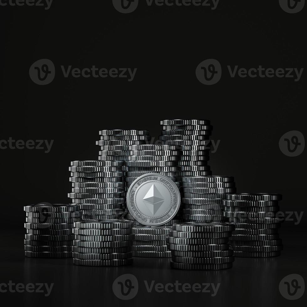 huge stack silver Ethereum coins in black scene, mockup digital currency coin for financial, token exchange promoting, advertising purpose photo