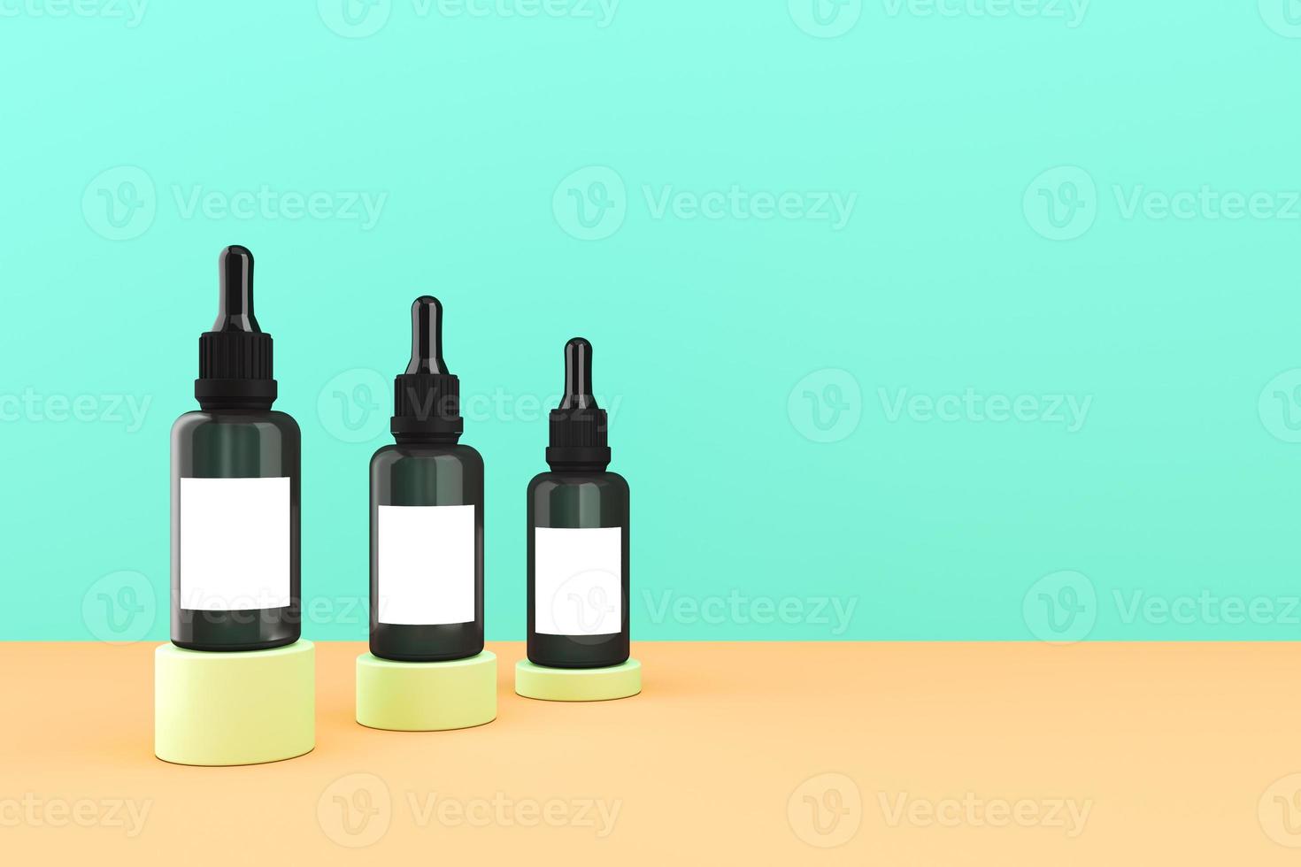 Minimalist mockup background for cosmetic presentation, Three serum bottles on a cylindrical platform in pastel color scene. 3d rendering photo