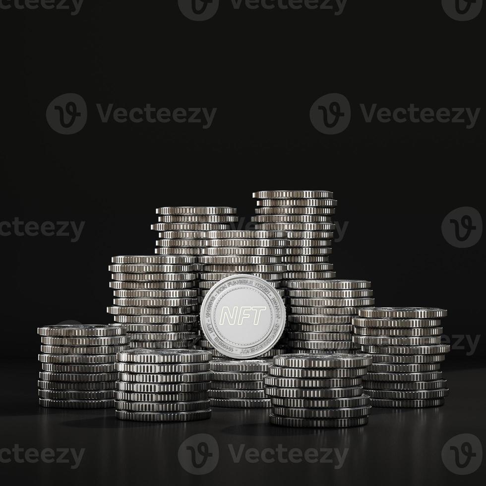 huge stack silver NFT coins in black scene, mockup digital currency coin for financial, token exchange promoting, advertising purpose photo