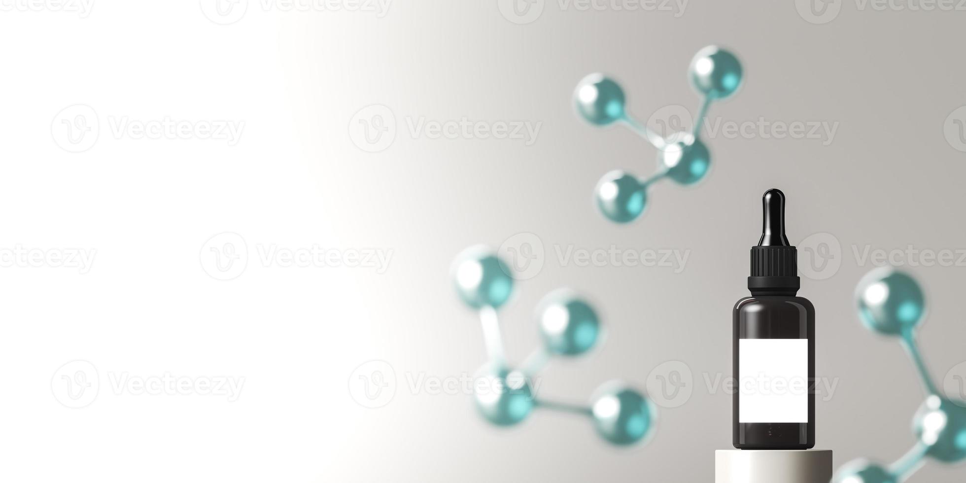 Mockup dropper bottle on platform and molecules background, abstract background for cosmetic presentation or branding. 3d rendering photo