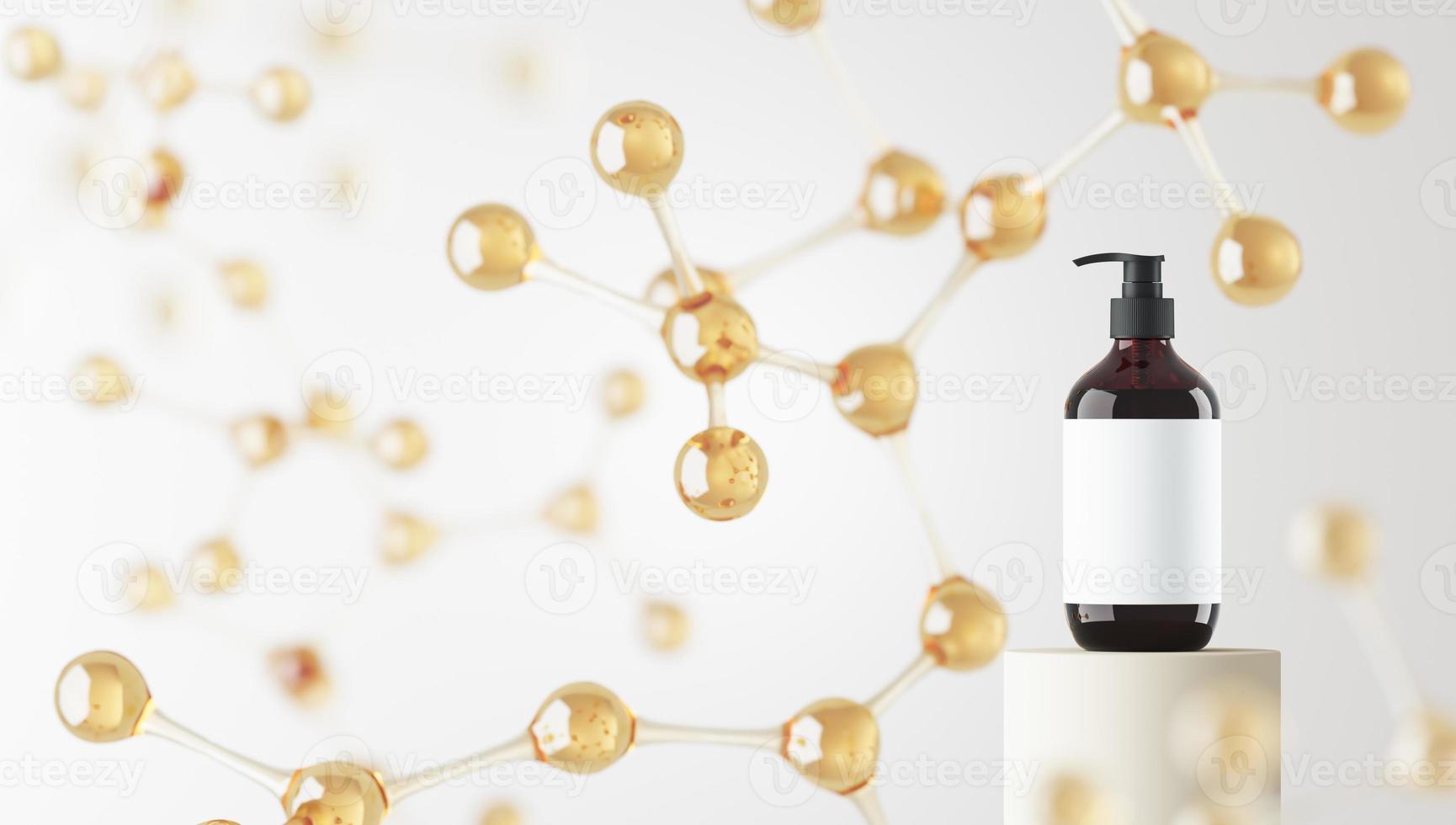 Mockup pump bottle on platform and blur molecules background, abstract background for cosmetic presentation or branding. 3d rendering photo