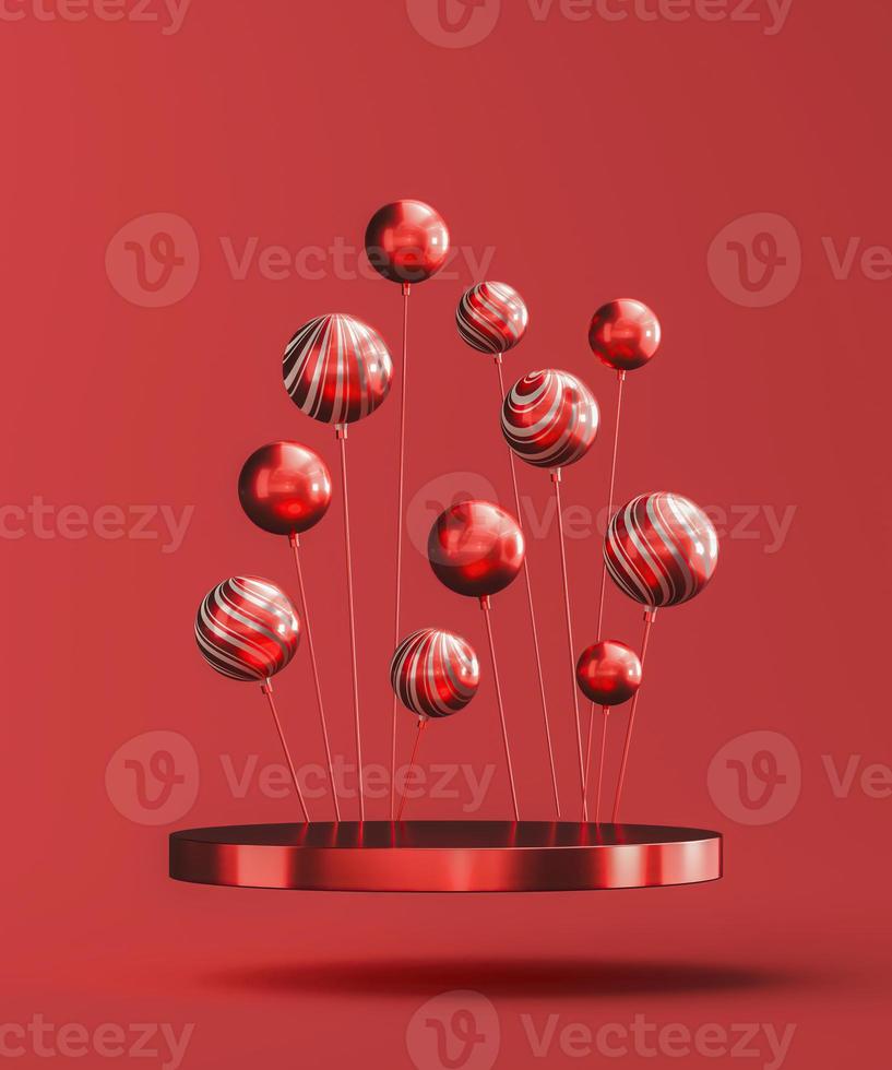 Red platform for product presentation, floating red balls. abstract background for presentation. 3d rendering photo