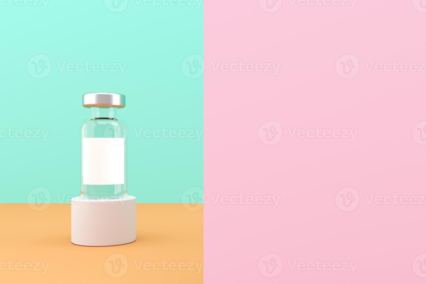 Minimalist mockup background for cosmetic presentation, The vaccine bottles on cylindrical platform in pastel color scene. 3d rendering photo