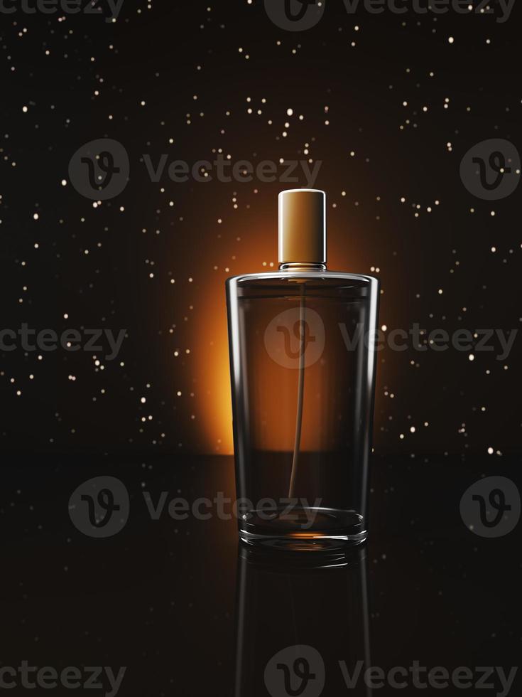 abstract transparent cylinder bottles on a black background with stars, product for present. photo