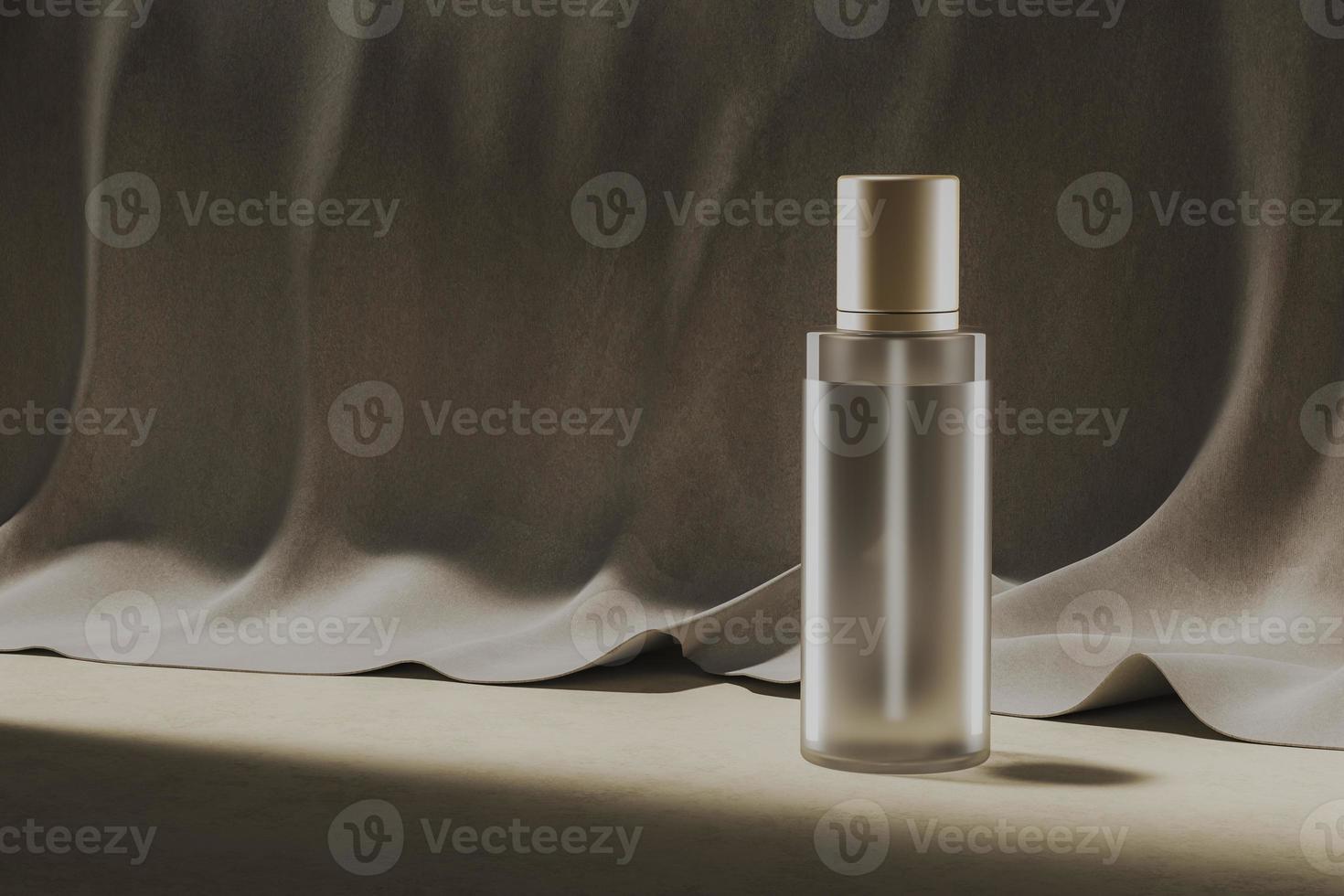 mockup cosmetic clean bottle and gold bottle cap in front of beige fabric was sunlight shines from the left side photo