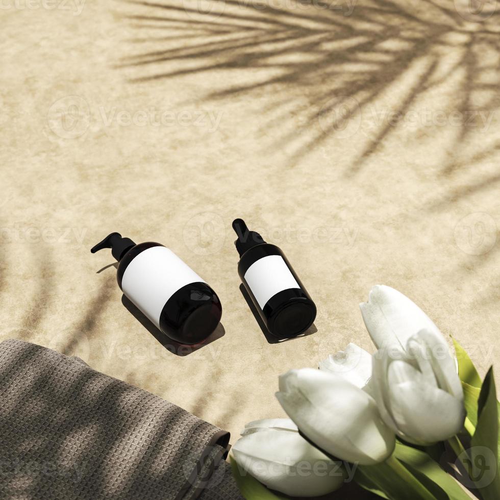 Two cosmetic bottles on brown cement, Fabric and white flower foreground, Tropical plants shade. 3d rendering photo