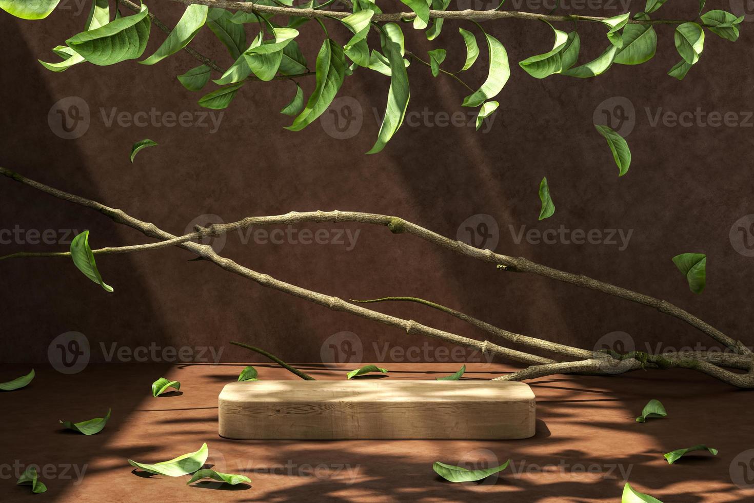 Abstract background for product presentation, Sunshade and shadow on wooden platform, Branches and leaves make up the scene.. 3d rendering photo
