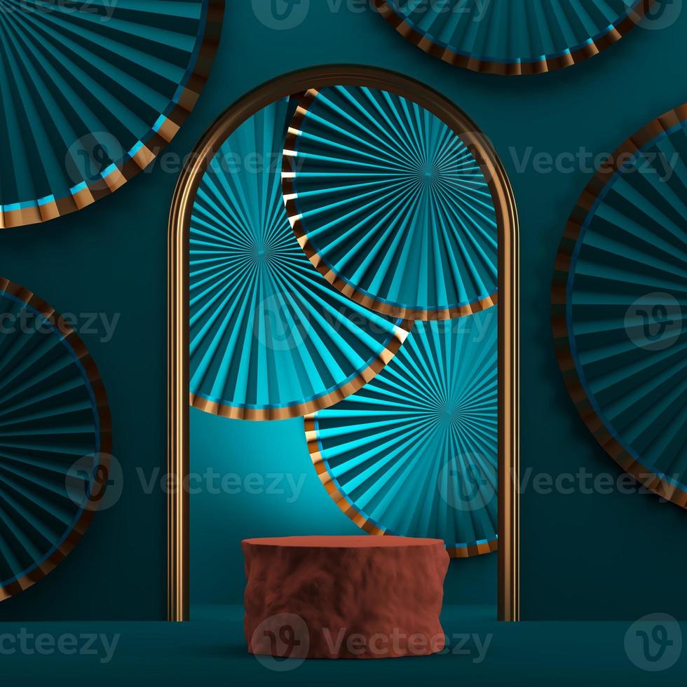 Orange wooden podium on mockup blue paper fan background. abstract background for presentation or ads. 3d rendering photo