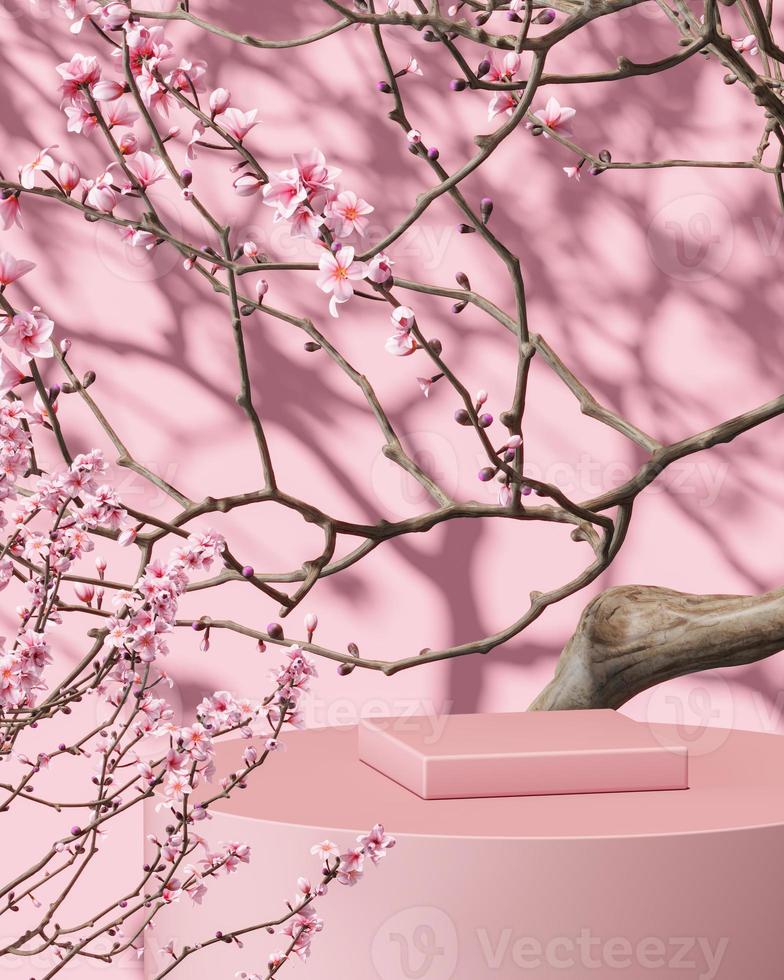 plataforma rosa en rama y fondo de árbol de sakura, sombra de sombrilla en la pared. fondo abstracto para la presentación de productos o anuncios. representación 3d foto