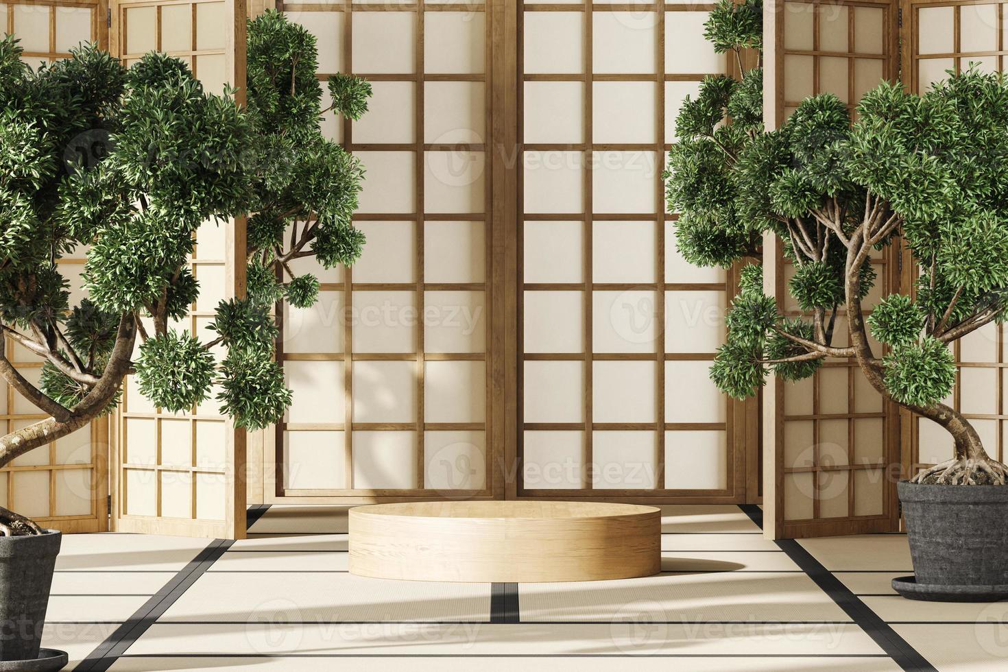 The wood cylinder platform on mockup japan room, Huge bonsai trees and sunlight shining through the panels. abstract background for product presentation or ads. 3d rendering photo