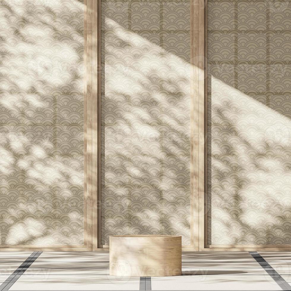 wooden podium middle japanese room, Sunshade and tree shadows on japan partition. abstract background for product presentation or ads. 3d rendering photo