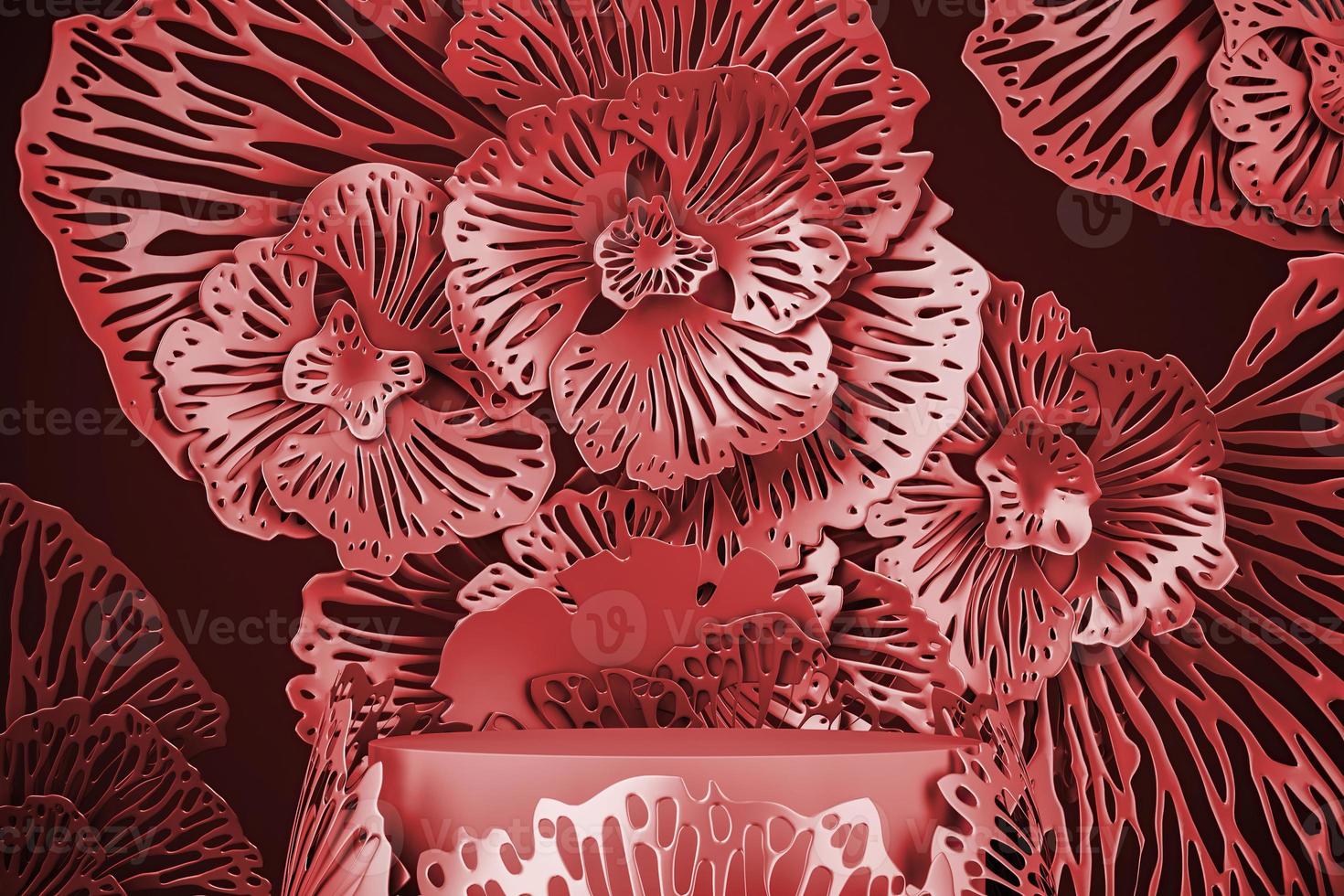 Mockup red scene for product or ads presentation. Red platform and abstract flower background. 3d rendering photo
