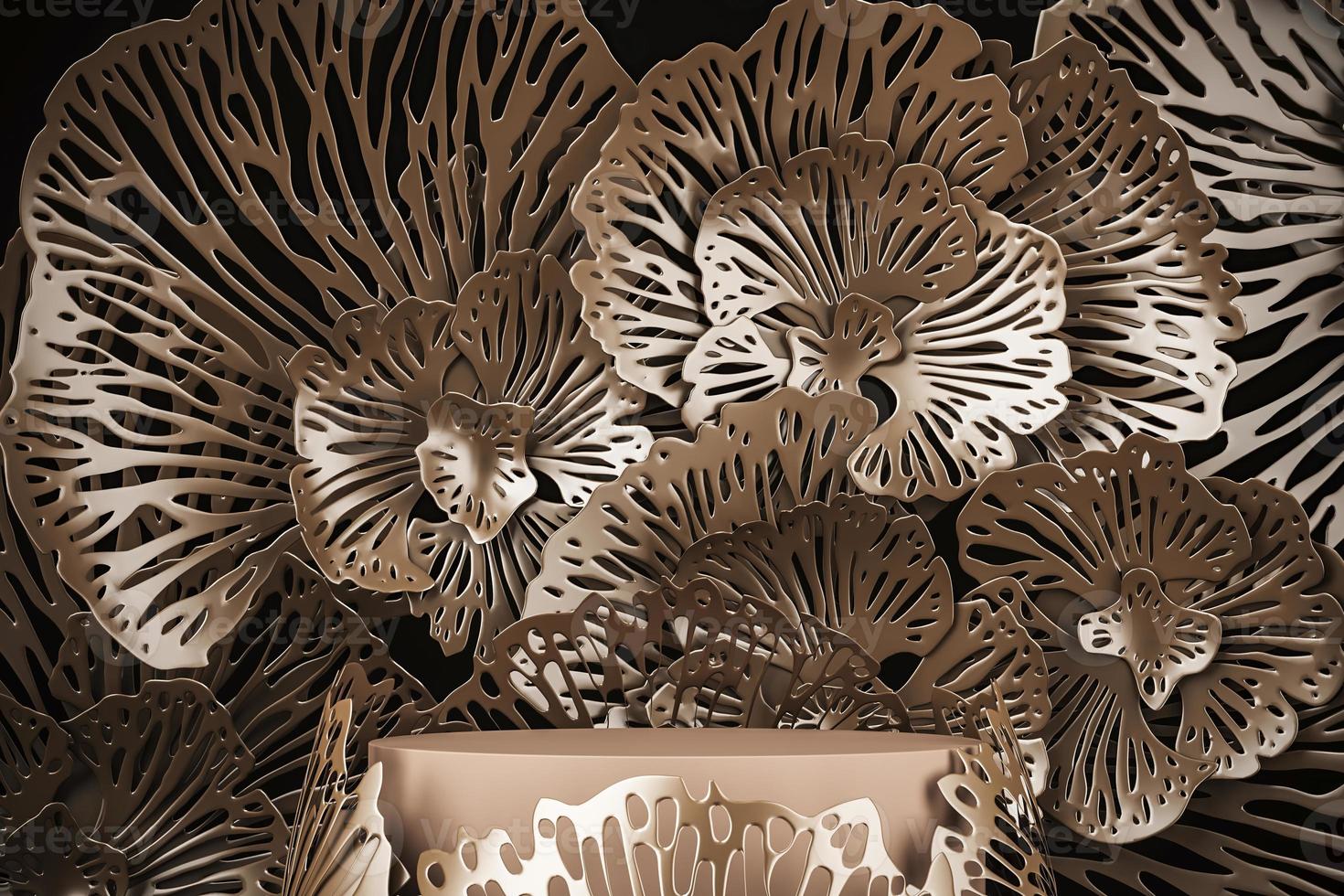 Mockup gold scene for product or ads presentation. gold platform and abstract flower background. 3d rendering photo