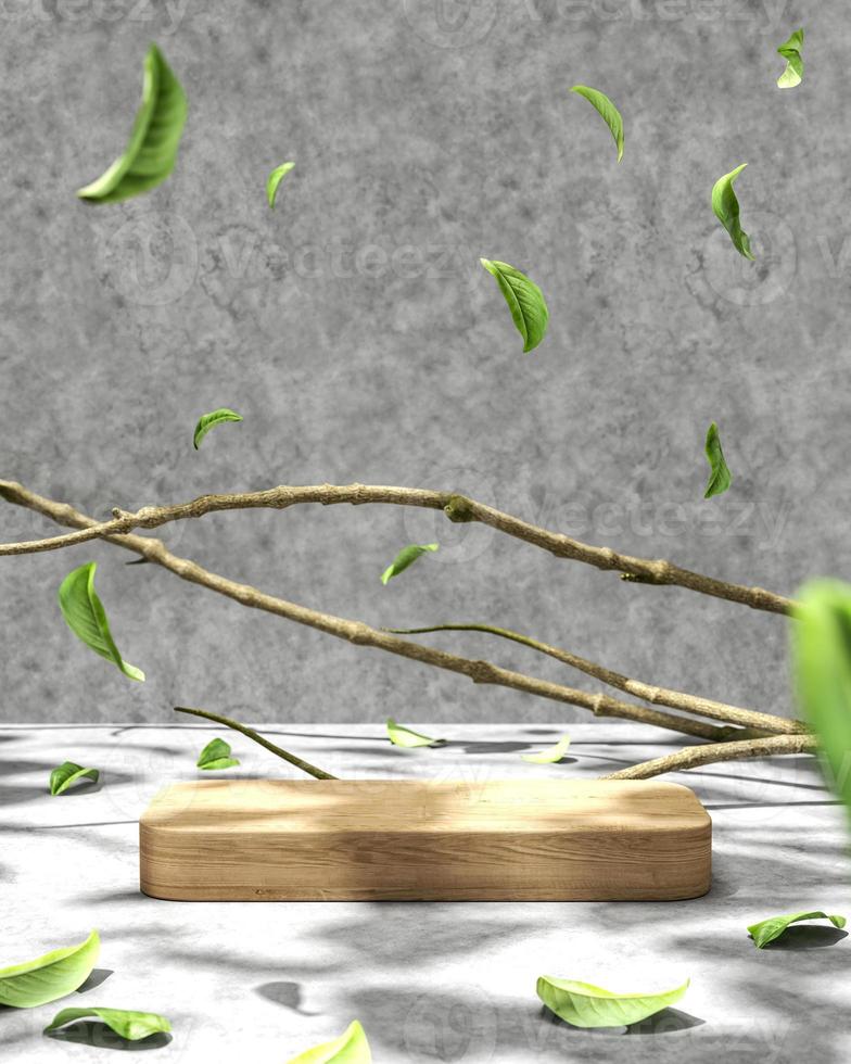 Abstract background for product presentation, Sunshade and shadow on wooden platform, Branches and leaves make up the scene.. 3d rendering photo